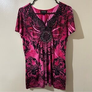 G Collection Women’s Blouse PL Pink Short Sleeve‎ Shirt Embellished Rhinestones